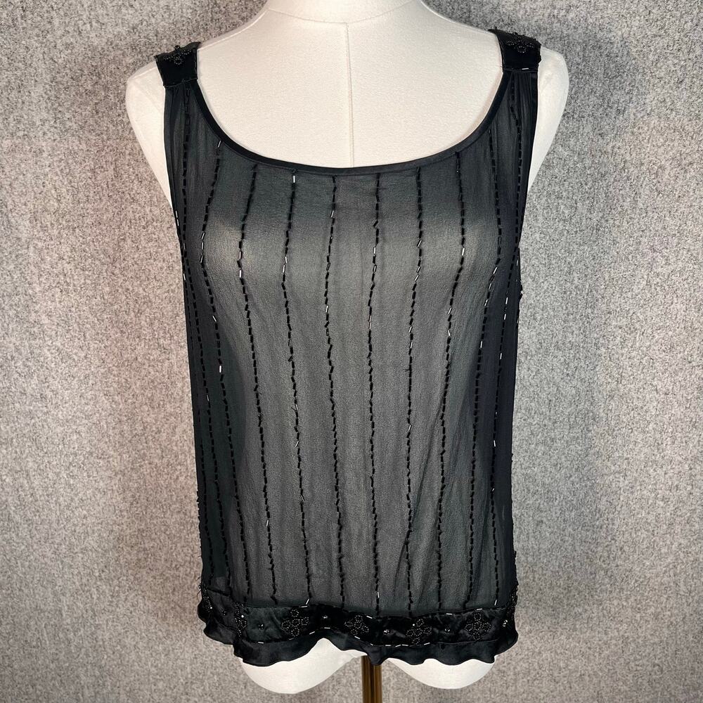 VTG 90s Y2K Women's Black Whimsy Gothic Sheer Beaded Embellished Tank Size L